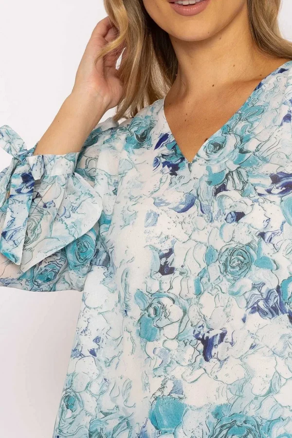 Tie Sleeve Blouse In Blue Print
