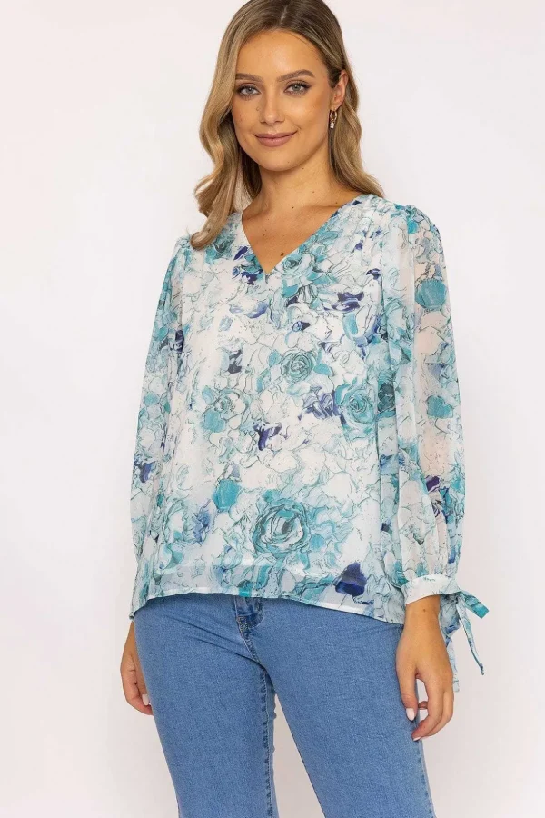 Tie Sleeve Blouse In Blue Print