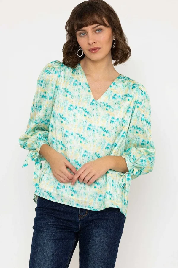 Tie Sleeve Top In Green Print