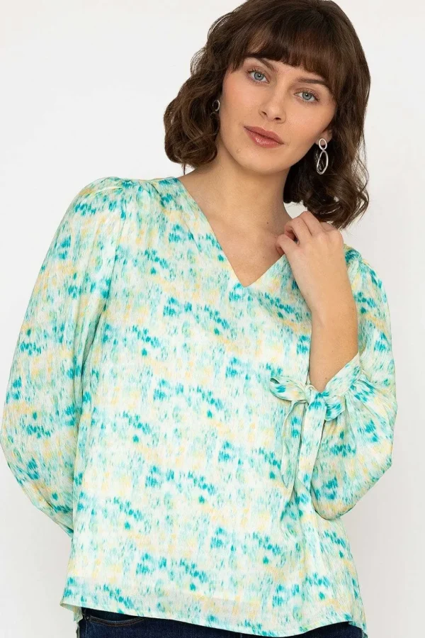 Tie Sleeve Top In Green Print