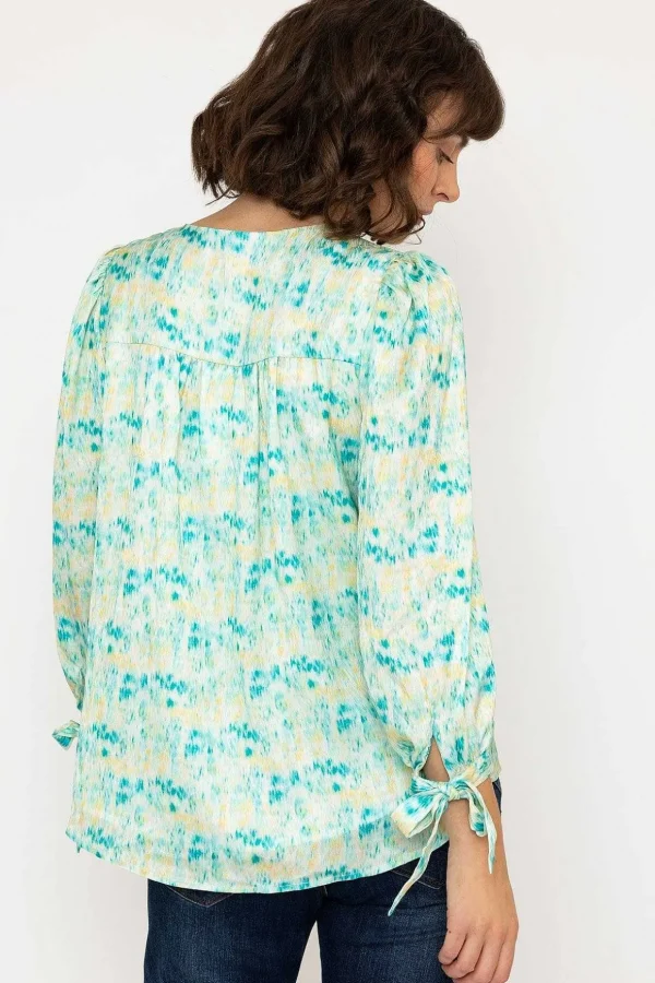 Tie Sleeve Top In Green Print