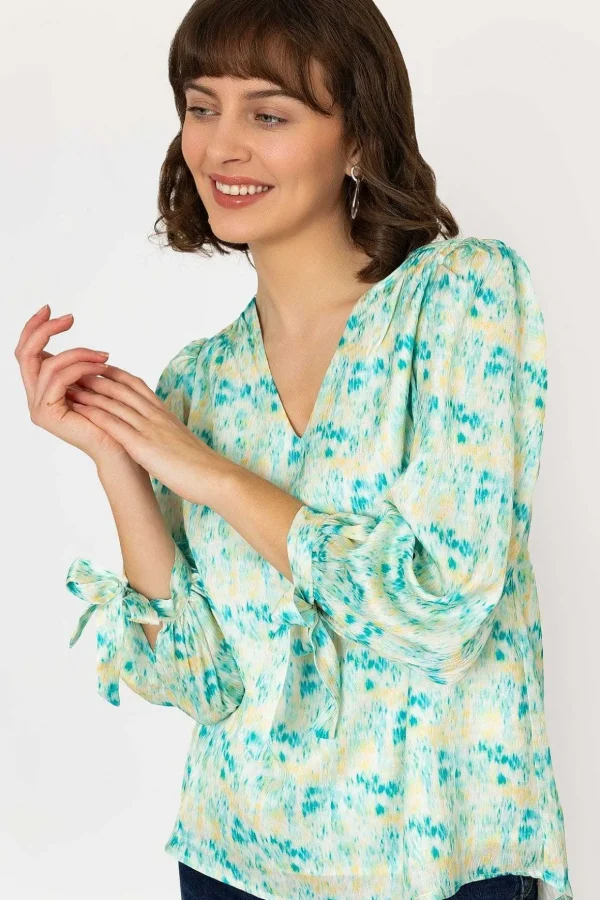 Tie Sleeve Top In Green Print