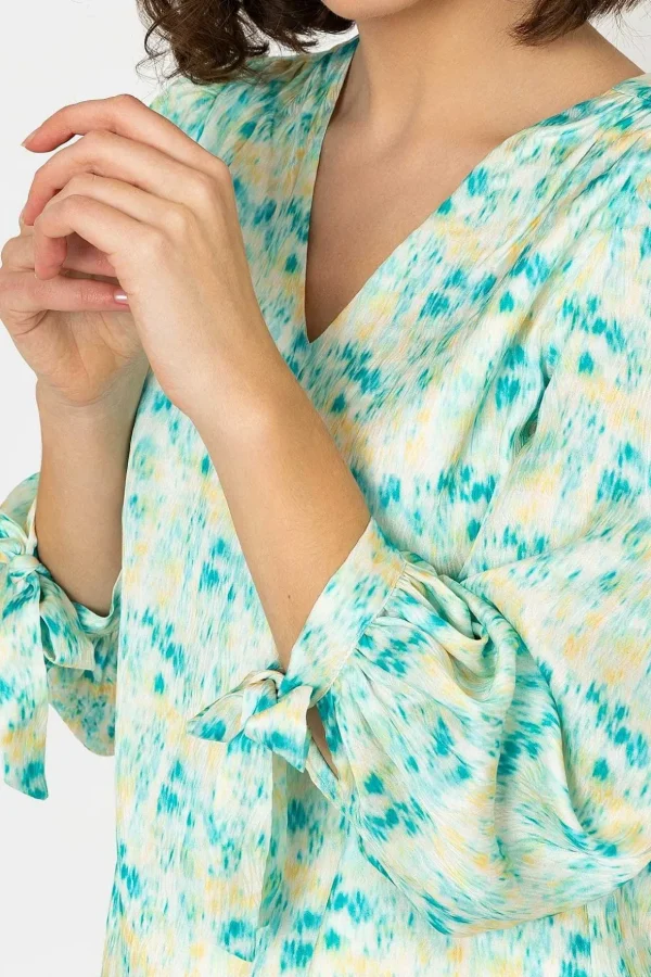 Tie Sleeve Top In Green Print
