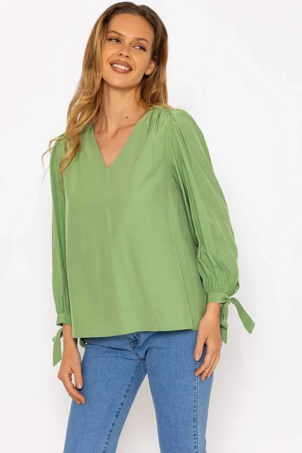 Tie Sleeve Top In Sage