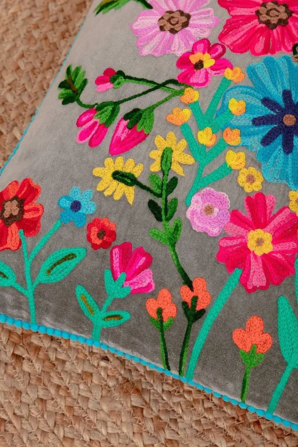Velvet Floral Embroidered Cushion