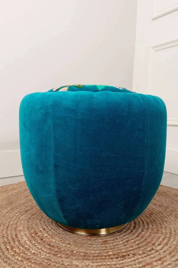 Velvet Floral Embroidered Footstool