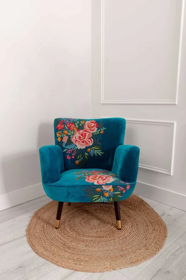 Velvet Floral Embroidered Armchair