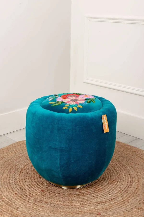 Velvet Floral Embroidered Footstool