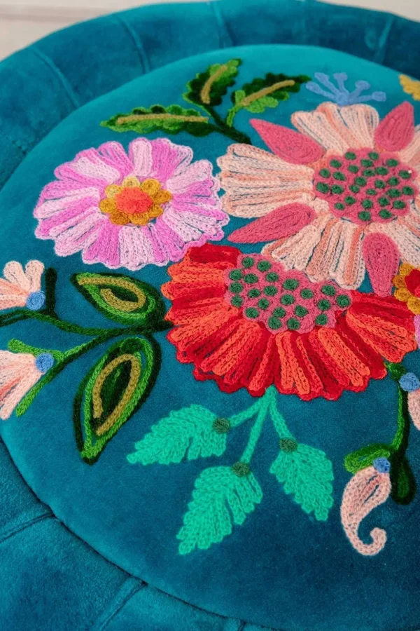 Velvet Floral Embroidered Footstool