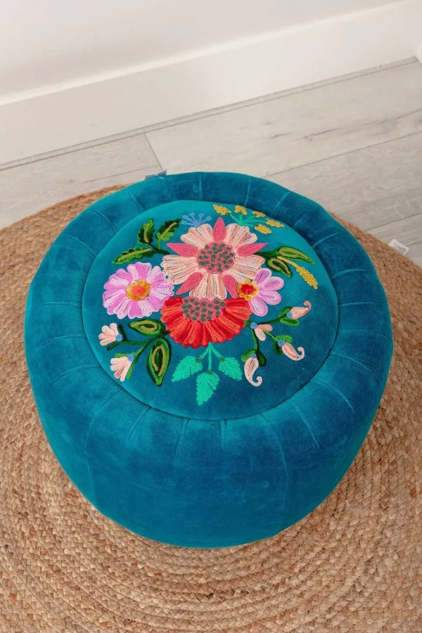 Velvet Floral Embroidered Footstool