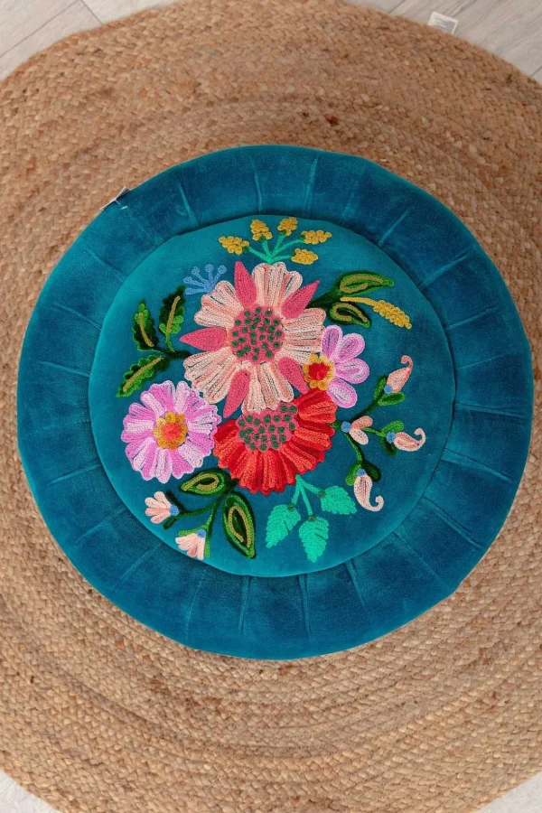 Velvet Floral Embroidered Footstool