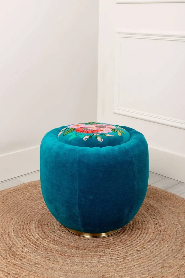 Velvet Floral Embroidered Footstool