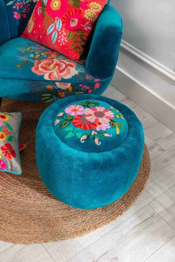 Velvet Floral Embroidered Footstool