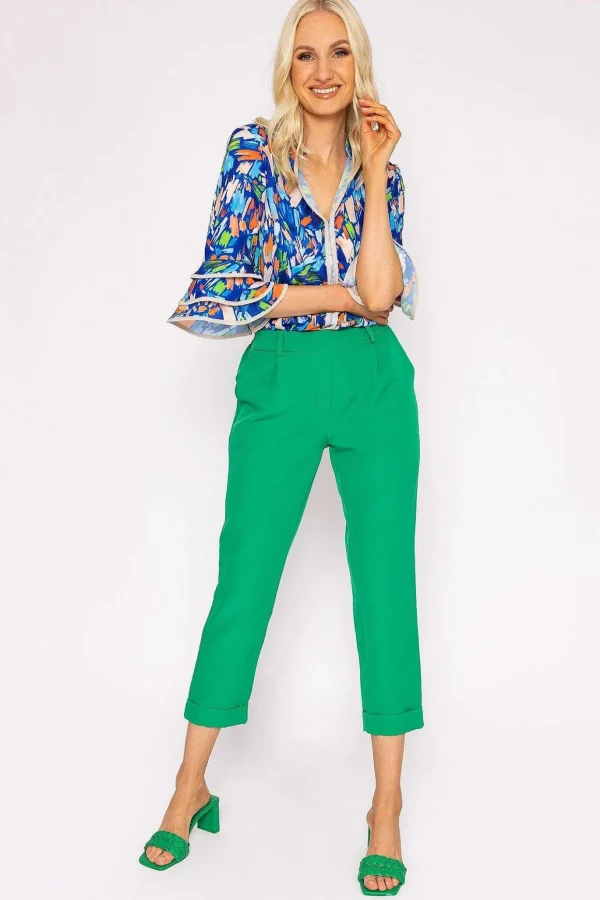 V-Neck Frill Sleeve Top In Blue Print