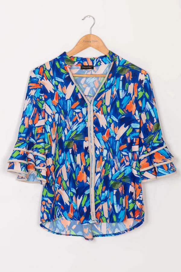 V-Neck Frill Sleeve Top In Blue Print