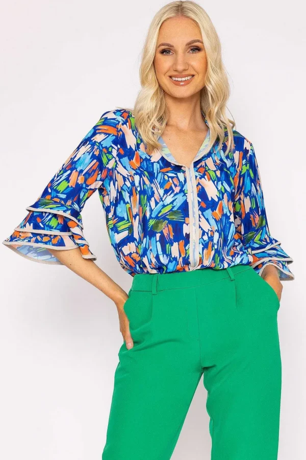 V-Neck Frill Sleeve Top In Blue Print