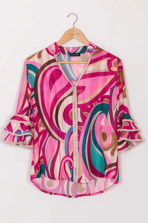 V-Neck Frill Sleeve Top In Pink Paisley