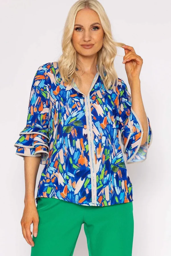V-Neck Frill Sleeve Top In Blue Print