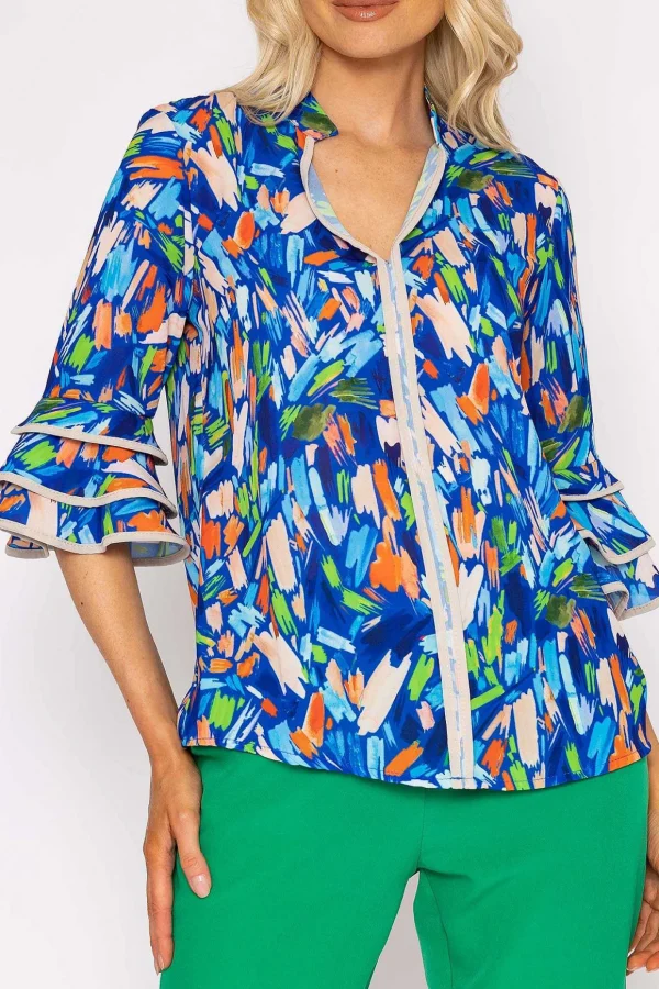 V-Neck Frill Sleeve Top In Blue Print