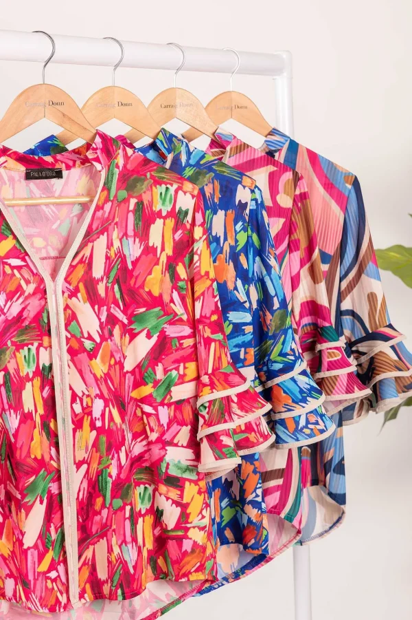 V-Neck Frill Sleeve Top In Pink Paisley