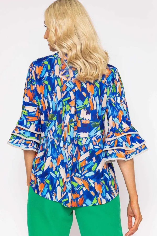 V-Neck Frill Sleeve Top In Blue Print