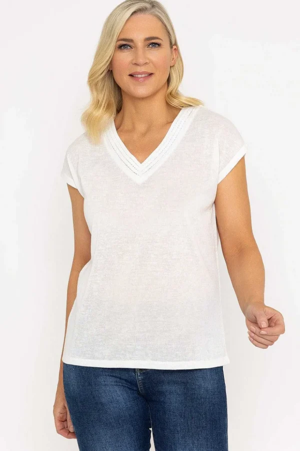 V-Neck Slub Top With Neck Details In Ecru