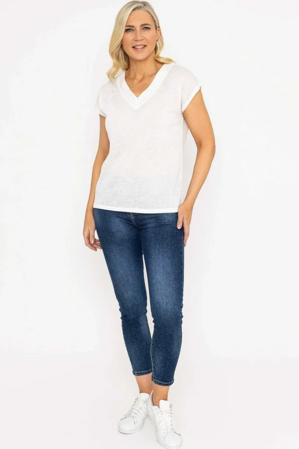 V-Neck Slub Top With Neck Details In Ecru
