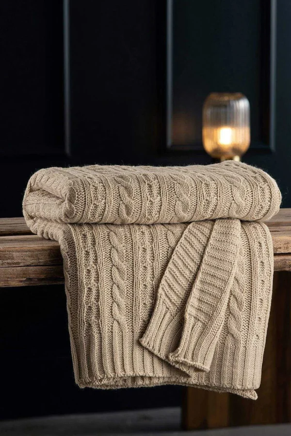 Warm Grey Aran Knit Throw