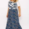 Wave Print Long Skirt In Navy