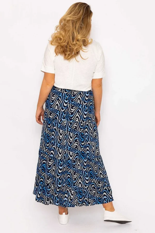 Wave Print Long Skirt In Navy