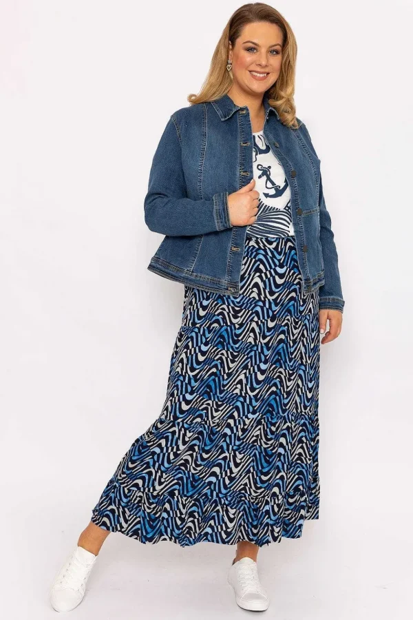Wave Print Long Skirt In Navy