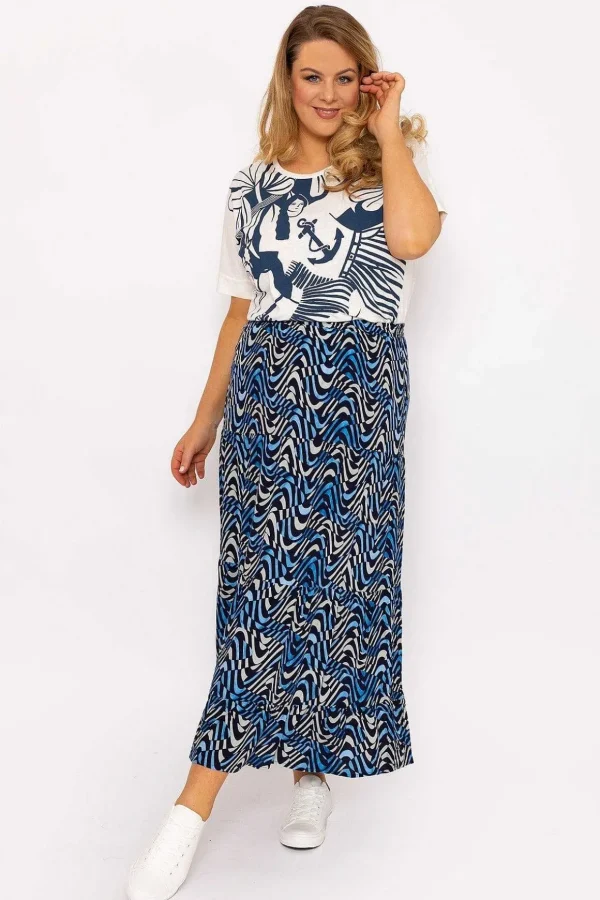 Wave Print Long Skirt In Navy