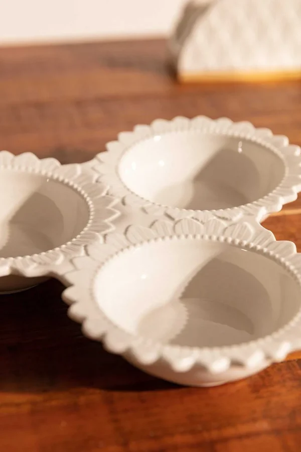 White Ceramic Round Triple Dip Dish