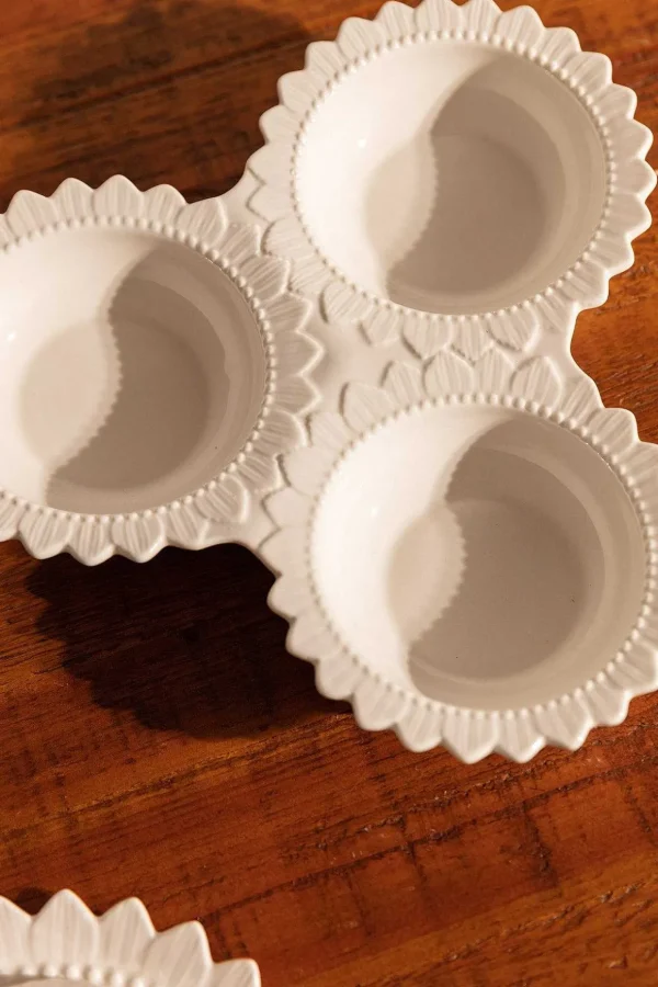 White Ceramic Round Triple Dip Dish