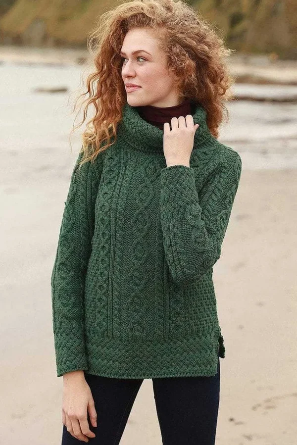 Women'S Merino Wool Cowl Neck Sweater In Green