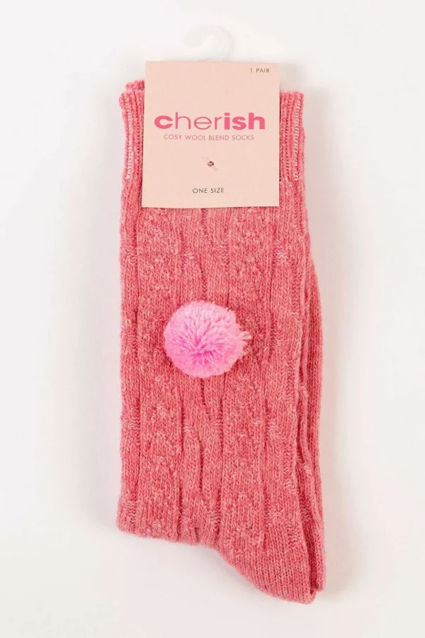 Wool Blend Pom Pom Socks In Pink