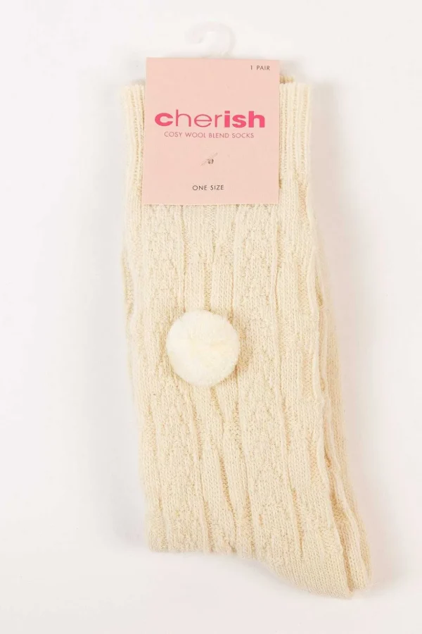 Wool Blend Pom Pom Socks In Cream