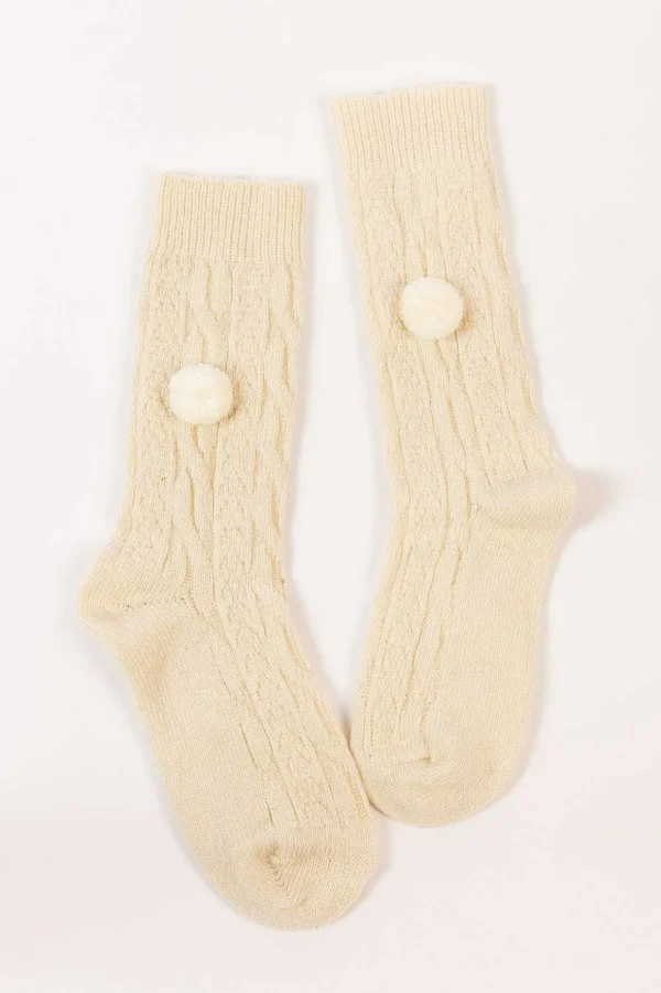Wool Blend Pom Pom Socks In Cream