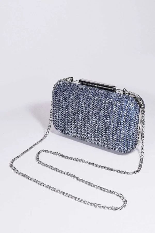 Woven Metallic Clutch In Navy