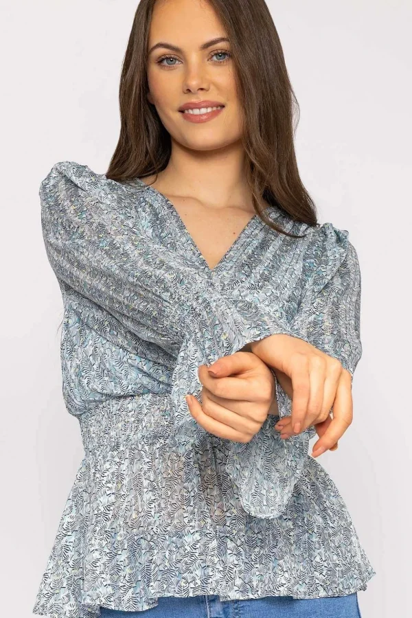 Wrap Top In Blue Floral Print