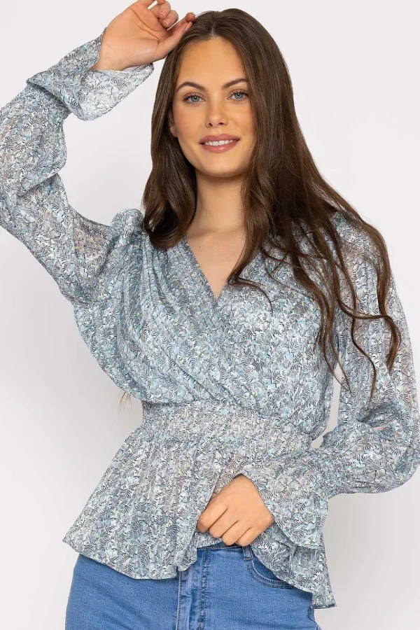 Wrap Top In Blue Floral Print